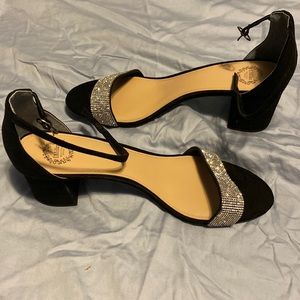 Black heels rhinestone strap size 11 low chunky heel